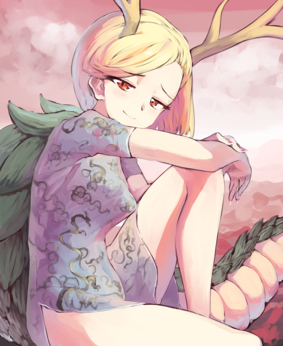 1girl arm_on_knee arm_rest asymmetrical_bangs bangs blonde_hair blue_dress blush china_dress chinese_clothes closed_mouth commentary_request cowboy_shot dragon_girl dragon_horns dragon_print dragon_tail dress eyebrows_visible_through_hair fingernails half-closed_eyes hands_up horns kicchou_yachie knee_up parted_bangs red_eyes red_nails sharp_fingernails short_dress short_hair short_sleeves side_slit sitting slit_pupils smirk smoke solo sunyup tail touhou turtle_shell very_long_fingernails