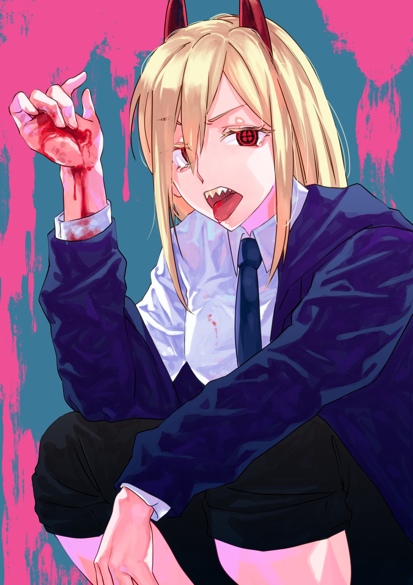 +_+ 1girl bleeding blonde_hair blood bloody_clothes bloody_hands blue_neckwear chainsaw_man eyebrows_visible_through_hair hair_between_eyes highres horns injury long_hair necktie open_mouth otsudou red_eyes sharp_teeth solo splatter squatting teeth tongue tongue_out upper_teeth