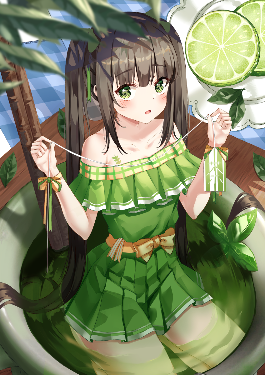 1girl bangs bare_shoulders black_hair blurry blurry_foreground blush bow collarbone commentary_request cup depth_of_field dress eyebrows_visible_through_hair green_dress green_eyes green_tea highres holding long_hair looking_at_viewer minigirl off-shoulder_dress off_shoulder original parted_lips pleated_dress ruda_(ruda_e) seiza sitting solo tea teabag teacup twintails very_long_hair yellow_bow