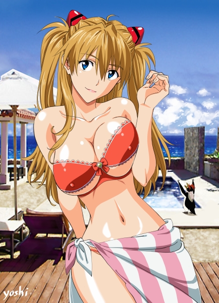 1girl ahoge animal arm_at_side artist_name bare_arms bare_shoulders bikini bird blonde_hair blue_eyes breasts clouds collarbone commentary eyebrows_visible_through_hair fingernails hair_between_eyes hand_up head_tilt interface_headset large_breasts leaning leaning_to_the_side lips long_hair midriff navel neon_genesis_evangelion ocean older penguin penpen photo_background pool rebuild_of_evangelion red_bikini sarong shikinami_asuka_langley sky souryuu_asuka_langley strapless strapless_bikini swimsuit twintails yamayoshi