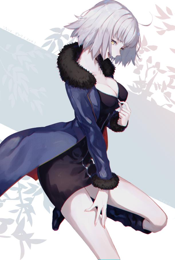 1girl ahoge bangs black_dress black_legwear blue_coat boots breasts coat collarbone dress fate/grand_order fate_(series) fur-trimmed_coat fur_trim hair_between_eyes jeanne_d'arc_(alter)_(fate) jeanne_d'arc_(fate)_(all) looking_to_the_side medium_breasts open_mouth short_dress short_hair silver_hair simple_background smile solo standing thighs undressing white_background wicked_dragon_witch_ver._shinjuku_1999 yellow_eyes yuno_tsuitta zipper