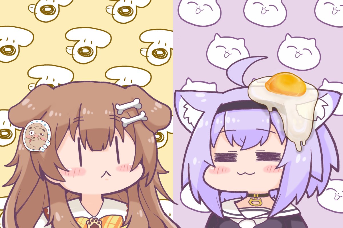 2girls :&lt; :3 =_= ahoge animal_ear_fluff animal_ears blush_stickers bone_hair_ornament brown_hair cat_ears chibi choker dog_ears egg egg_yolk hair_ornament hairband hololive hyottoko_mask inugami_korone jewelry long_hair matarou multiple_girls nekomata_okayu object_on_head pendant purple_hair short_hair |_|