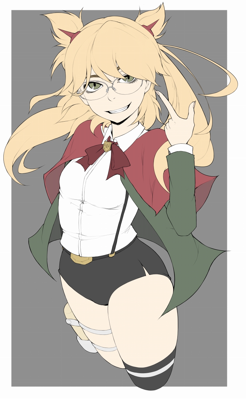 1girl bangs black_legwear blonde_hair breasts burn_the_witch cape character_request collared_shirt eyebrows flat_color glasses green_eyes grin highres ina_(gokihoihoi) long_hair long_sleeves medium_breasts parted_lips pointing pointing_at_self red_cape round_eyewear shirt single_thighhigh smile solo suspenders swept_bangs teeth thigh-highs twintails white_shirt work_in_progress