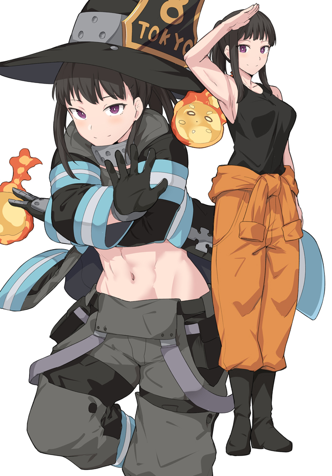 1girl arm_up baggy_pants bangs bare_shoulders black_footwear black_gloves black_hair black_jacket black_tank_top blush boots breasts closed_mouth clothes_around_waist collarbone commentary_request crossed_arms en'en_no_shouboutai fire full_body gloves hands_up hat jacket long_hair looking_at_viewer maki_oze midriff multicolored multicolored_clothes multicolored_jacket multiple_views muscle muscular_female navel orange_pants pants ponytail salute shiseki_hirame sidelocks simple_background sleeveless smile standing suspenders_hanging tank_top violet_eyes white_background yellow_eyes