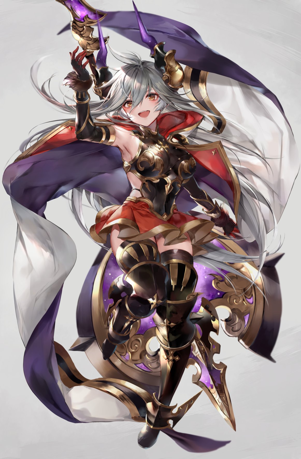 1girl armored_boots axe bangs bare_shoulders blush boots breasts draph elbow_gloves gloves granblue_fantasy grey_background grey_hair highres hinahino horns large_breasts long_hair looking_at_viewer open_clothes open_mouth pointy_ears red_eyes red_skirt robe simple_background skirt smile thalatha_(granblue_fantasy)