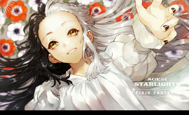 black_hair black_nails brown_eyes copyright_name dress flower forehead from_above long_hair long_sleeves looking_at_viewer lying multicolored_hair on_back onitobico outstretched_arm parted_lips pixiv_fantasia pixiv_fantasia_age_of_starlight puffy_long_sleeves puffy_sleeves sidelocks smile solo two-tone_hair white_dress white_hair
