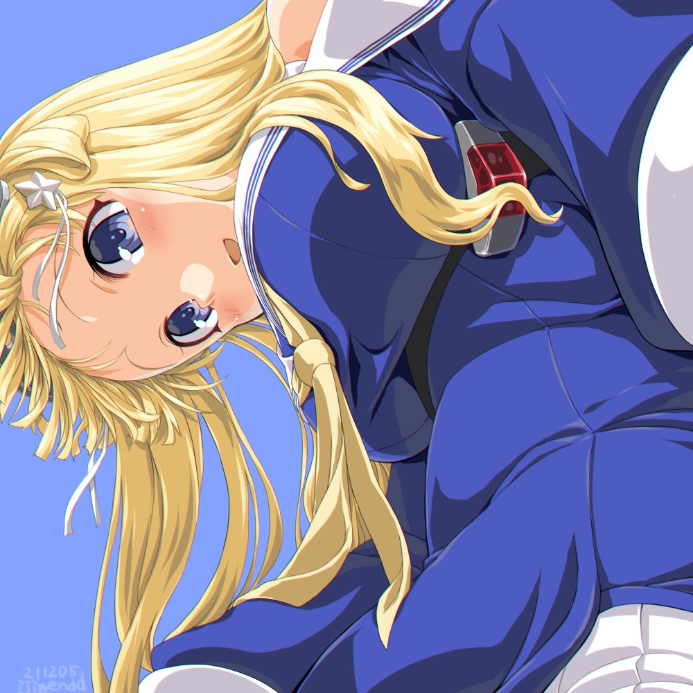 1girl blonde_hair blue_shirt breasts dd_(ijigendd) double_bun fletcher_(kancolle) from_below hair_ornament hairband kantai_collection large_breasts long_hair looking_at_viewer looking_down neckerchief off_shoulder pleated_skirt sailor_collar school_uniform serafuku shirt skirt solo star_(symbol) star_hair_ornament upper_body violet_eyes white_sailor_collar white_skirt yellow_neckwear