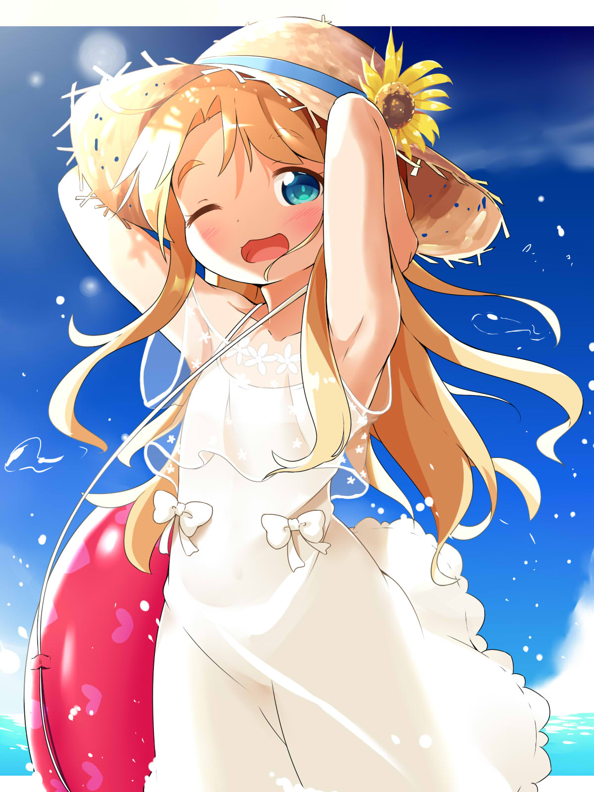 1girl ;d armpits arms_behind_head arms_up bangs bare_shoulders blonde_hair blue_eyes blush bow brown_headwear child collarbone commentary_request day dress eyebrows_visible_through_hair flower hat hat_flower highres himesaka_noa horizon innertube long_hair looking_at_viewer makuran one_eye_closed open_mouth outdoors parted_bangs see-through sleeveless sleeveless_dress smile solo straw_hat sunflower thick_eyebrows very_long_hair watashi_ni_tenshi_ga_maiorita! water white_bow white_dress wink yellow_flower