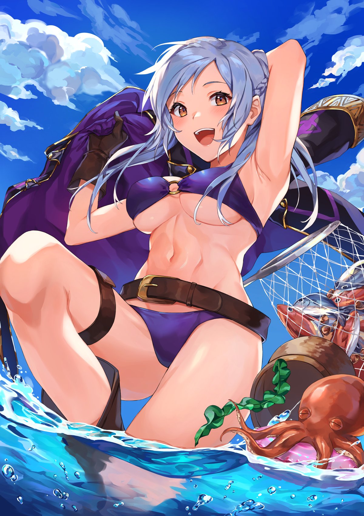 1girl :d animal arm_up armpits belt bikini blush boots breasts brown_eyes brown_gloves coat commentary cute female_my_unit_(fire_emblem:_kakusei) fire_emblem fire_emblem:_kakusei fire_emblem_13 fire_emblem_awakening fire_emblem_heroes fish fishing_net gloves highres human intelligent_systems kamu_(kamuuei) medium_breasts my_unit_(fire_emblem:_kakusei) navel nintendo o-ring o-ring_bikini octopus open_mouth overcoat purple_bikini reflet reflet_(girl) robin_(fire_emblem) robin_(fire_emblem)_(female) sea_creature smile solo summer summer_scramble super_smash_bros. swimsuit thigh_strap water white_hair