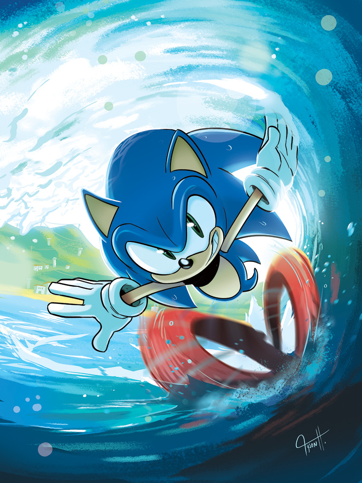 1boy archie_comics artist_name cover cover_page english_commentary furry gloves green_eyes looking_at_viewer male_focus official_art running signature solo sonic sonic_the_hedgehog teeth tyson_hesse water waving white_gloves