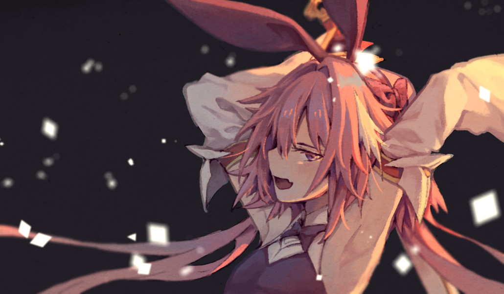 1boy animal_ears arms_up astolfo_(fate) astolfo_(saber)_(fate) bangs black_background black_bow black_ribbon bow bowtie bunny_hair_ornament fate/grand_order fate_(series) hair_between_eyes hair_bow hair_intakes hair_ornament hair_ribbon happy jammie850310 long_hair long_sleeves looking_at_viewer looking_back low_twintails male_focus multicolored_hair open_mouth otoko_no_ko pink_hair rabbit_ears ribbon simple_background smile solo streaked_hair twintails upper_body violet_eyes