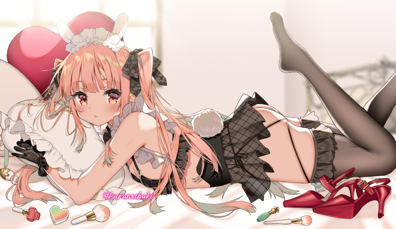 1girl animal_ears ass bangs bare_shoulders blunt_bangs blush bunny_tail bunnysuit commentary_request fake_animal_ears fake_tail gloves harunoibuki looking_at_viewer lying maid maid_headdress on_stomach original pink_hair rabbit_ears skirt sleeveless solo tail thigh-highs twintails