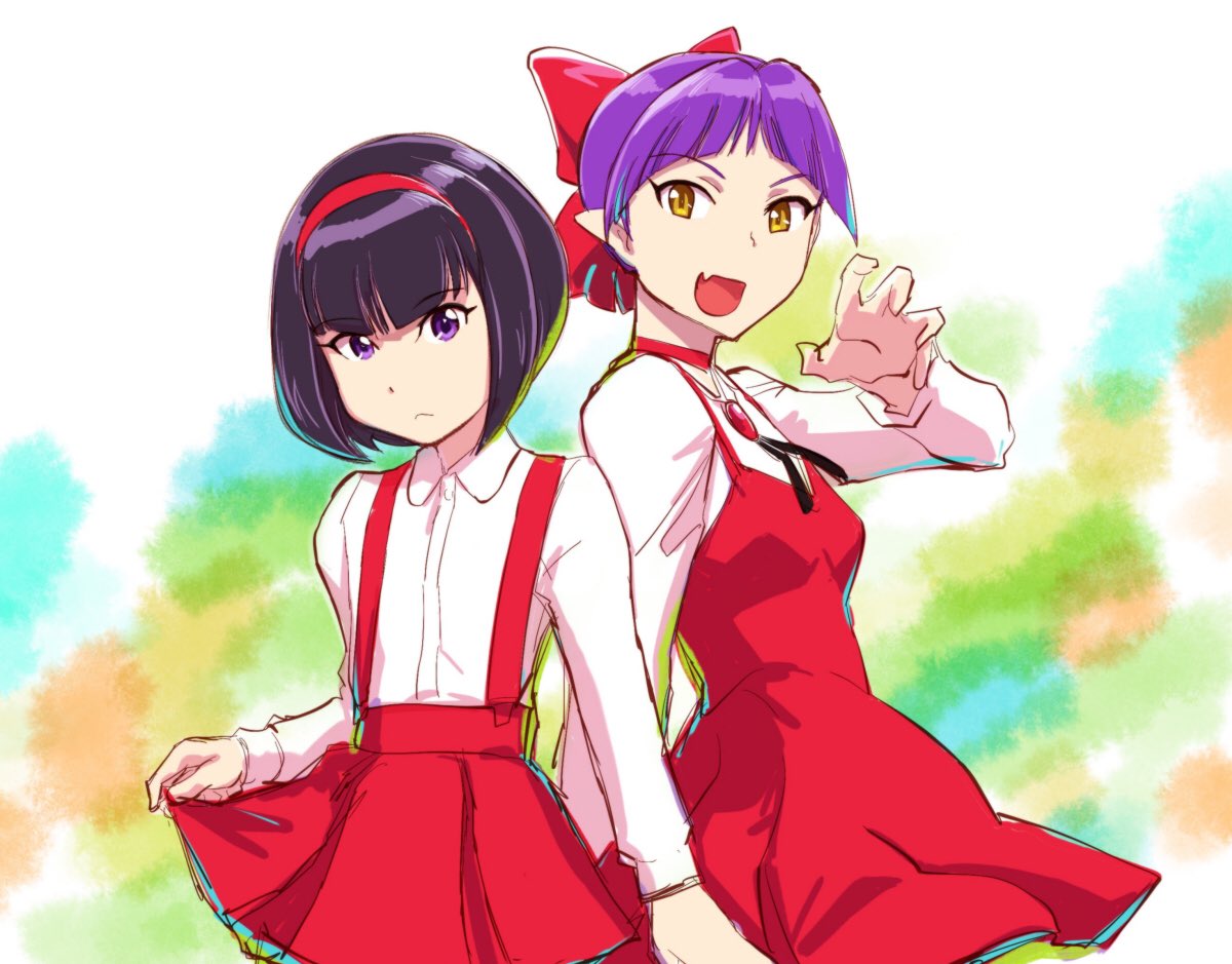 bow breasts choker closed_mouth dress gegege_no_kitarou hair_bow looking_at_viewer multiple_girls nekomusume nekomusume_(gegege_no_kitarou_6) open_mouth pointy_ears purple_hair red_bow red_choker red_dress shirt short_hair ueyama_michirou white_shirt yellow_eyes