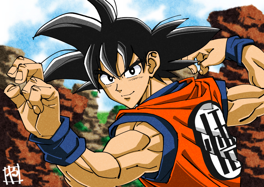 1boy arms_up bangs black_eyes black_hair blue_shirt blue_wristband check_commentary clouds commentary commentary_request dougi dragon_ball dragon_ball_z fighting_stance looking_at_viewer male_focus muscle orange_shirt outdoors rock shirt signature sky smile solo son_gokuu spiky_hair undershirt upper_body wristband yamayoshi