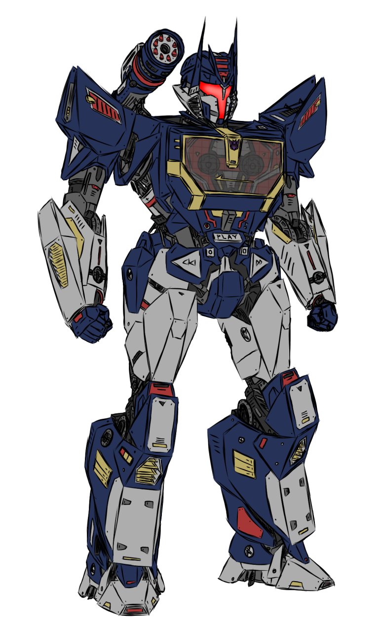 1boy cassette_tape clenched_hands decepticon english_commentary highres laserbeak mecha no_humans redesign shoulder_cannon solo soundwave standing transformers visor white_background zyfle