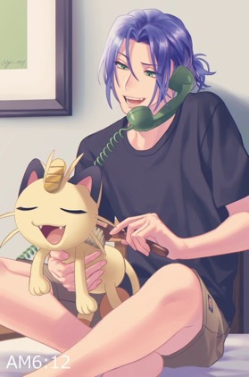 1boy blue_hair brushing gen_1_pokemon gi_xxy green_eyes hair_brush kojirou_(pokemon) lowres meowth phone pokemon pokemon_(anime) pokemon_(creature) ponytail purple_hair team_rocket