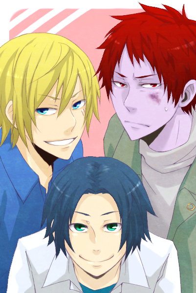 3boys alternate_costume birthmark blonde_hair blue_eyes cyrus_(the_saga_of_darren_shan) facial_mark facial_scar glalda kurda_smahlt multiple_boys purple_skin red_eyes redhead scar short_hair smile the_saga_of_darren_shan turtleneck