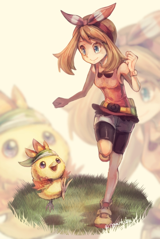 1girl bangs bike_shorts blue_eyes bow_hairband bracelet brown_hair clenched_hands closed_mouth commentary_request eyelashes fanny_pack gen_3_pokemon grass hairband hand_up haruka_(pokemon) jewelry leg_up looking_down medium_hair pokemon pokemon_(creature) pokemon_(game) pokemon_oras red_hairband red_tank_top shoes shorts smile soyashiba standing standing_on_one_leg tank_top torchic white_shorts