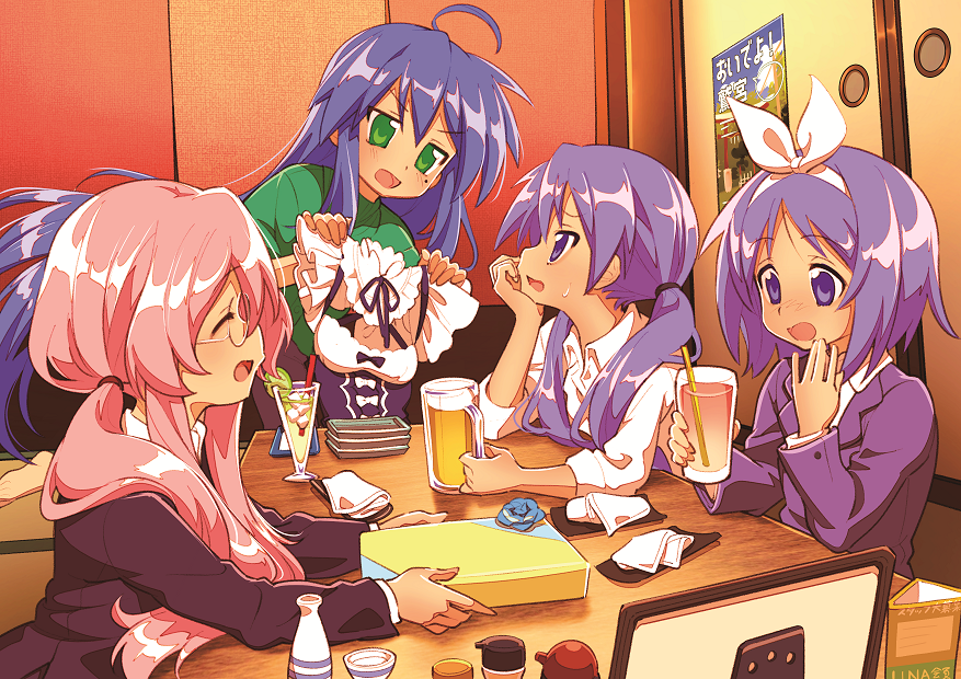 4girls bangs beer_mug blue_hair blush bow bow_hairband chin_rest closed_eyes collared_shirt commentary_request cup drinking_glass drinking_straw eyebrows_visible_through_hair gift glass glasses green_eyes green_shirt hair_bow hair_tie hairband hiiragi_kagami hiiragi_tsukasa holding holding_clothes holding_cup hotaru_iori izumi_konata jacket long_hair looking_at_another lucky_star mole mole_under_eye mug multiple_girls napkin open_mouth pink_hair poster_(object) purple_hair purple_jacket shirt siblings sisters sitting smile standing sweatdrop table takara_miyuki twins very_long_hair violet_eyes wavy_mouth white_hairband white_shirt |d