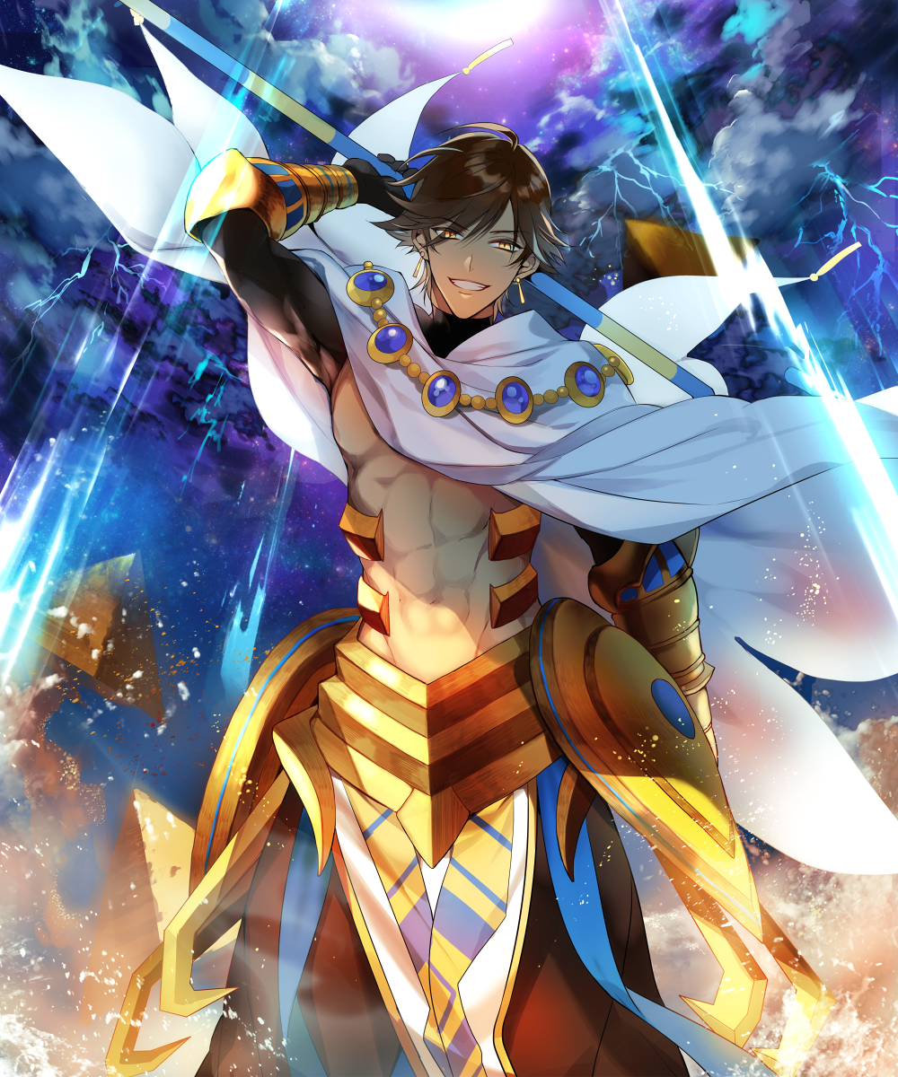 1boy abs ahoge arm_at_side arm_up black_gloves brown_hair cape clouds dark_skin dark_skinned_male egyptian egyptian_clothes eyebrows eyebrows_visible_through_hair fate/grand_order fate/prototype fate/prototype:_fragments_of_blue_and_silver fate_(series) futaba_hazuki gauntlets gloves highres holding holding_staff jewelry lightning lightning_bolt looking_at_viewer male_focus muscle necklace ozymandias_(fate) parted_lips pyramid sand shirtless shrug_(clothing) sky smirk solo staff white_cape yellow_eyes