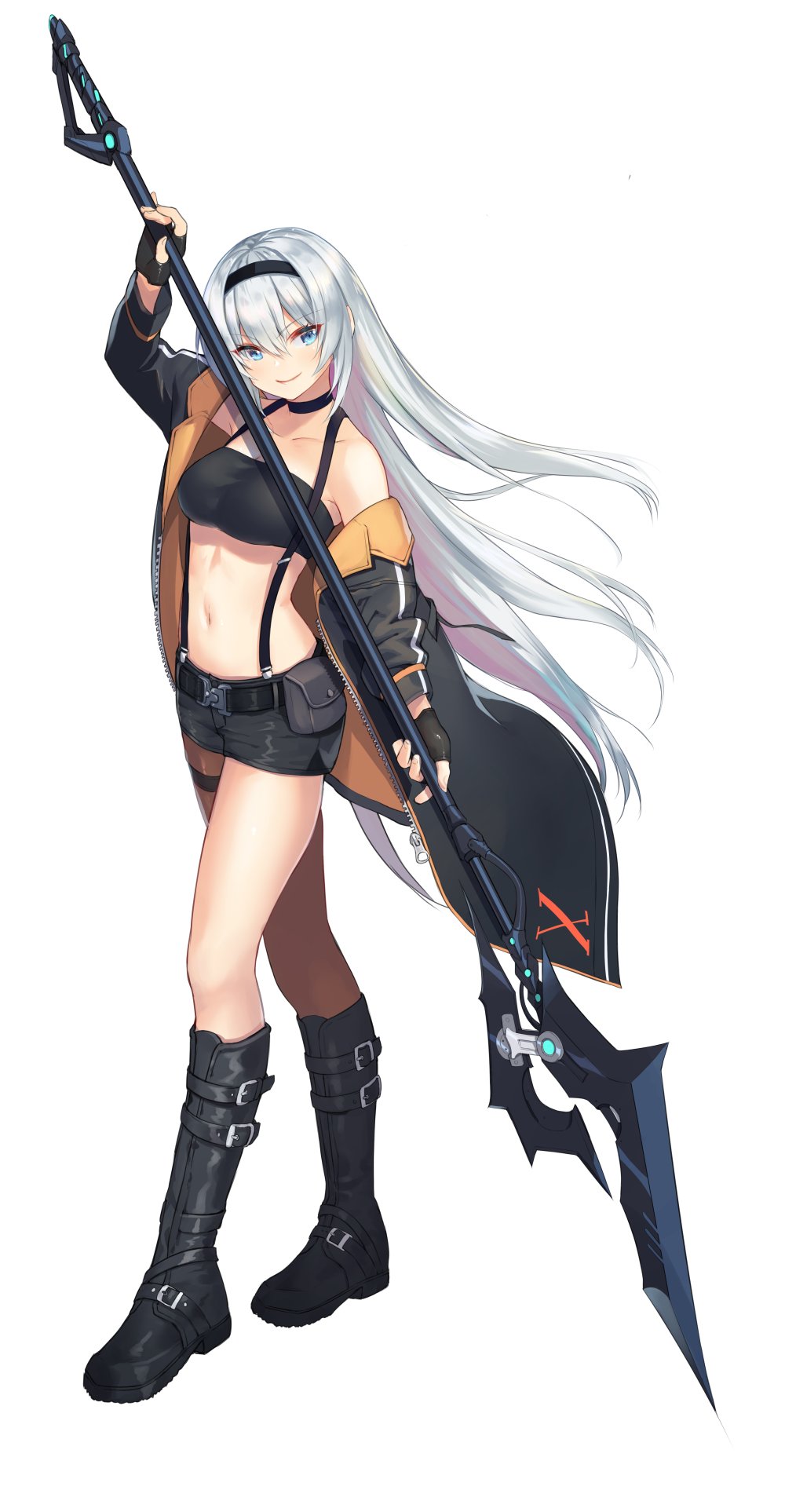 1girl arm_up bandeau bare_shoulders belt belt_buckle belt_pouch black_choker black_coat black_footwear black_gloves black_shorts blue_eyes boots breasts buckle choker coat collarbone crossed_legs fingerless_gloves full_body gloves hairband halberd highres holding holding_weapon knee_boots long_hair looking_at_viewer medium_breasts midriff navel off_shoulder open_clothes open_coat original polearm pouch shimozuki_shio short_shorts shorts silver_hair simple_background smile solo standing stomach suspenders thigh_strap thighs v-shaped_eyebrows very_long_hair watson_cross weapon white_background