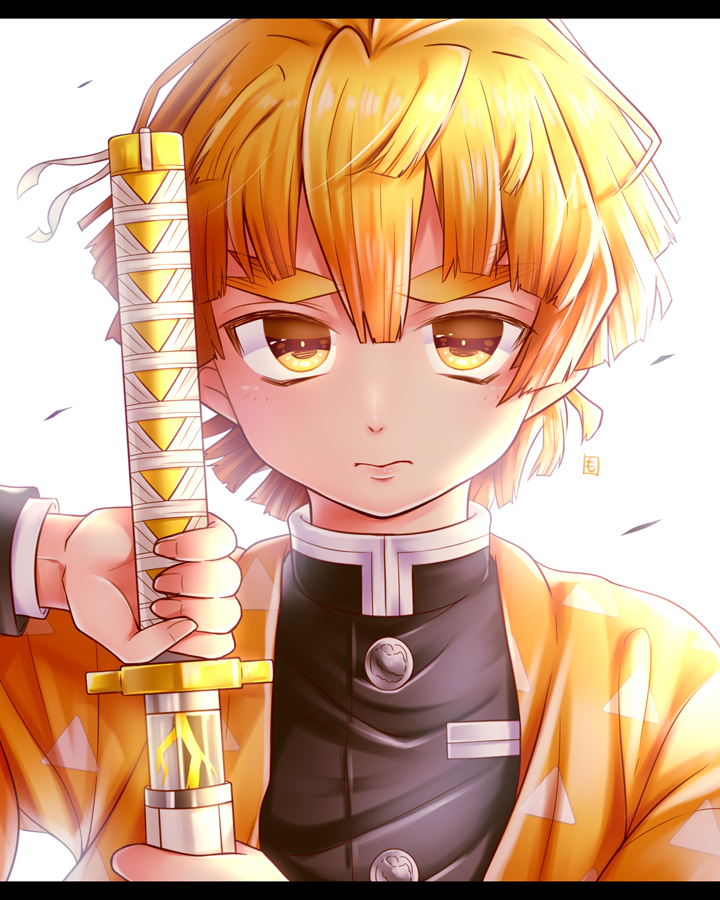 1boy agatsuma_zenitsu bangs black_jacket blonde_hair brown_eyes commentary_request eyebrows_visible_through_hair hair_between_eyes holding holding_sword holding_weapon jacket katana kimetsu_no_yaiba letterboxed long_sleeves looking_at_viewer male_focus open_clothes sheath simple_background solo sword thick_eyebrows unsheathing v-shaped_eyebrows weapon white_background yomogi_(becr)