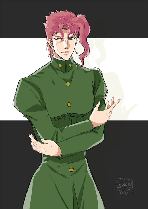 1boy black_background blue_eyes closed_mouth coat cropped_arms earrings green_coat hair_intakes half-closed_eyes jewelry jojo_no_kimyou_na_bouken kakyouin_noriaki long_sleeves looking_at_viewer male_focus mechakucha pink_hair short_hair sketch smile solo standing stardust_crusaders two-tone_background white_background