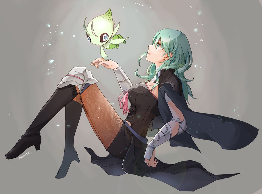 1girl black_shorts byleth_(fire_emblem) byleth_eisner_(female) celebi commentary_request crossover fire_emblem fire_emblem:_three_houses from_side gen_2_pokemon green_eyes green_hair grey_background high_heels mythical_pokemon pantyhose parted_lips pokemon pokemon_(creature) robaco shorts simple_background