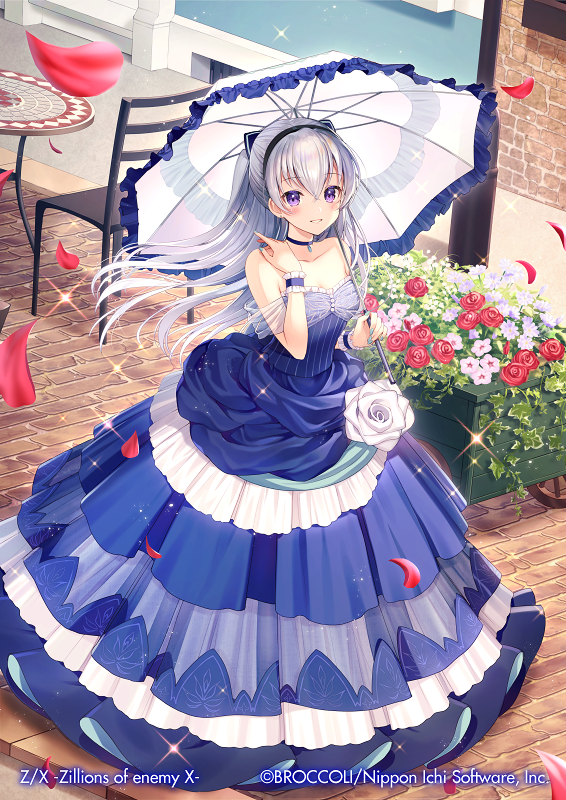 1girl bangs bare_shoulders black_hairband blue_choker blue_dress blush breasts chain choker collarbone commentary_request copyright_name day dress eyebrows_visible_through_hair floating_hair flower frilled_umbrella hair_between_eyes hairband holding holding_umbrella long_hair momoshiki_tsubaki official_art outdoors parted_lips petals pleated_dress red_flower red_rose rose silver_hair small_breasts smile solo standing strapless strapless_dress table transparent umbrella very_long_hair violet_eyes watermark white_flower white_rose white_umbrella wrist_cuffs z/x