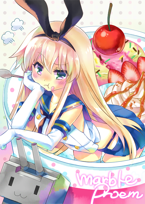 1girl :3 :t animal_ears black_hairband black_neckwear black_panties blue_sailor_collar blue_skirt blush buttons caramel cherry chin_rest commentary_request crop_top cup elbow_gloves eyebrows_visible_through_hair fake_animal_ears food food_on_face fruit fume gloves hair_between_eyes hair_over_shoulder hairband highleg highleg_panties holding holding_spoon ice_cream ice_cream_cup in_container in_cup in_food kantai_collection leaning_forward leaning_on_object long_hair looking_at_viewer microskirt miniskirt multicolored multicolored_eyes neckerchief oversized_food oversized_object panties panty_straps pleated_skirt polka_dot polka_dot_background pout rabbit_ears raised_eyebrow rensouhou-chan sailor_collar school_uniform serafuku shimakaze_(kantai_collection) shirt sidelocks skirt sleeveless sleeveless_shirt spoon sprinkles strawberry thigh-highs underwear violet_eyes white_gloves white_legwear yukine_(wista) |_|