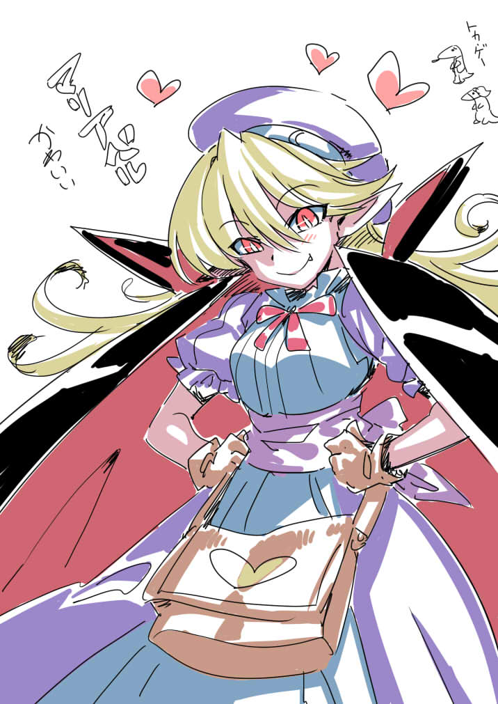 1girl apron bag blonde_hair blue_headwear brown_bag cape curly_hair dress gloves goggles goggles_on_head hat long_hair looking_at_viewer marivel_armitage open_mouth pointy_ears red_eyes simple_background solo tukiwani vampire white_background wild_arms wild_arms_2