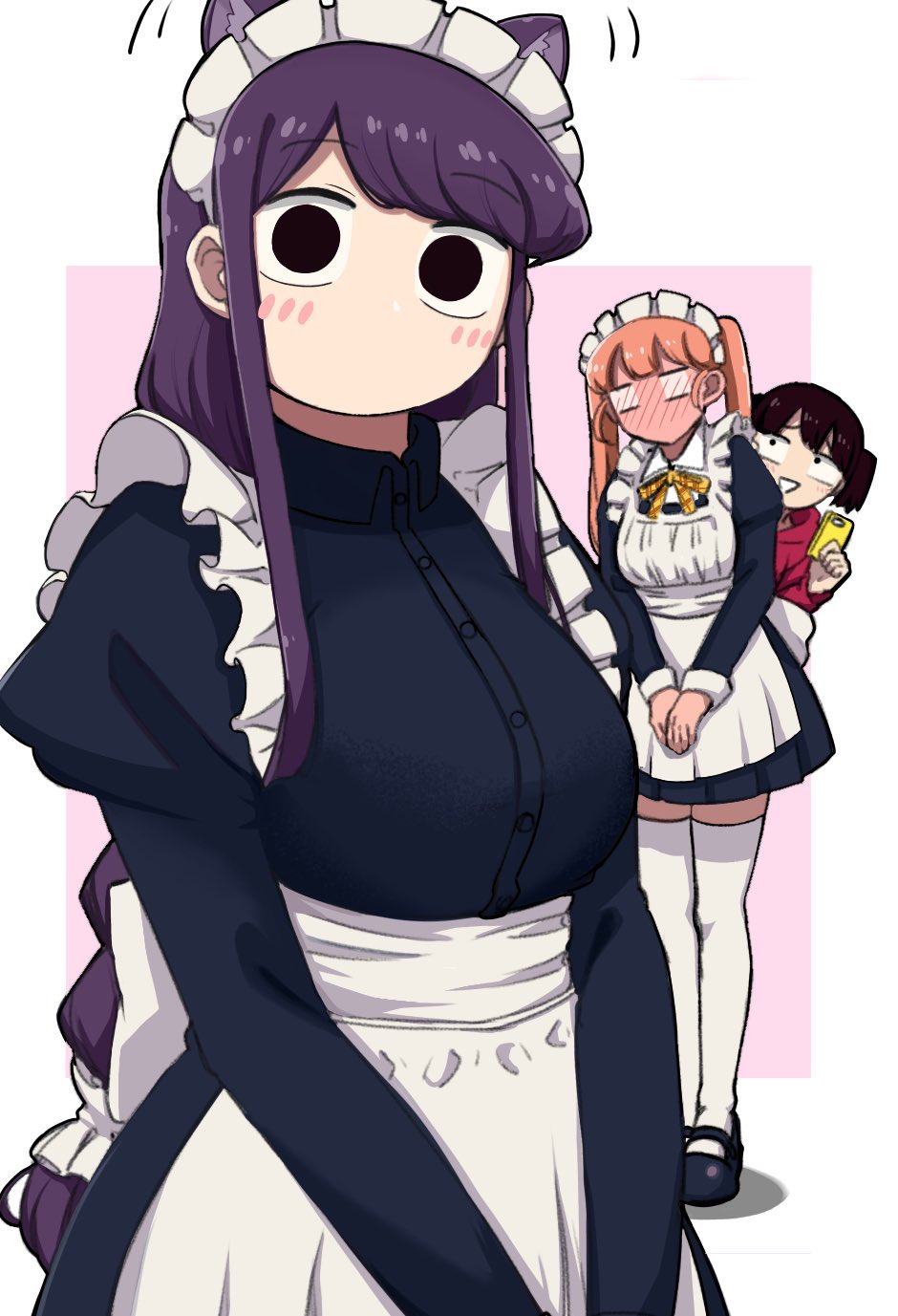 1boy 2girls ayatak0517 black_eyes black_hair blush breasts character_request commentary_request eyebrows_visible_through_hair full-face_blush highres komi-san_wa_komyushou_desu komi_shouko long_hair long_sleeves looking_at_viewer maid maid_day maid_headdress medium_breasts multiple_girls orange_hair otoko_no_ko phone tadano_hitohito thigh-highs zettai_ryouiki