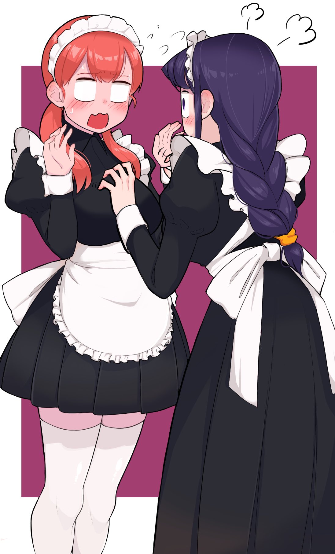 1boy 1girl ayatak0517 black_hair blush braid breasts commentary_request feet_out_of_frame flying_sweatdrops highres komi-san_wa_komyushou_desu komi_shouko large_breasts long_hair long_skirt long_sleeves maid maid_headdress open_mouth orange_hair otoko_no_ko skirt standing tadano_hitohito thigh-highs twintails zettai_ryouiki