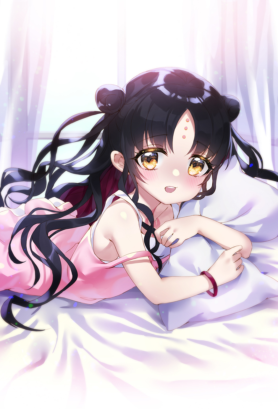 1girl bed black_hair blush brown_eyes camisole curtains double_bun facial_mark fate/grand_order fate_(series) forehead_mark hair_bun highres indoors long_hair lying on_stomach open_mouth peter_(will100sss) pillow pillow_hug pink_camisole sesshouin_kiara sesshouin_kiara_(lily) smile solo upper_body window