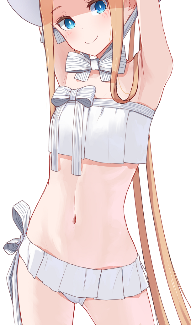 1girl abigail_williams_(fate/grand_order) abigail_williams_(swimsuit_foreigner)_(fate) armpits arms_up bangs bare_shoulders bikini blonde_hair blue_eyes blush bonnet bow breasts closed_mouth fate/grand_order fate_(series) forehead kopaka_(karda_nui) long_hair looking_at_viewer microskirt navel parted_bangs sidelocks simple_background skirt small_breasts smile swimsuit twintails very_long_hair white_background white_bikini white_bow white_headwear
