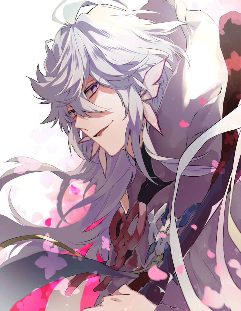 1boy ahoge bangs bishounen center_frills fate/grand_order fate_(series) flower flower_knot hair_between_eyes hair_ornament highres holding holding_staff holding_weapon hood hood_down hooded_robe long_hair long_sleeves looking_at_viewer male_focus merlin_(fate) multicolored_hair pants petals pink_ribbon ribbon robe simple_background smile solo staff sunahara_(toki0707) tassel turtleneck two-tone_hair upper_body very_long_hair violet_eyes weapon white_background white_hair white_robe