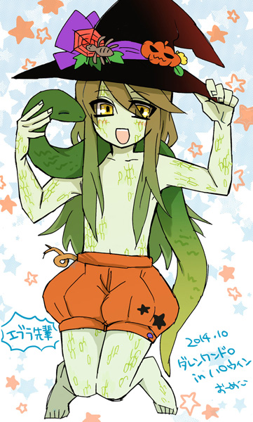 1boy barefoot evra_von green_hair green_skin hat monster_boy open_mouth puffy_shorts scales shorts smile snake solo the_saga_of_darren_shan witch_hat yellow_eyes