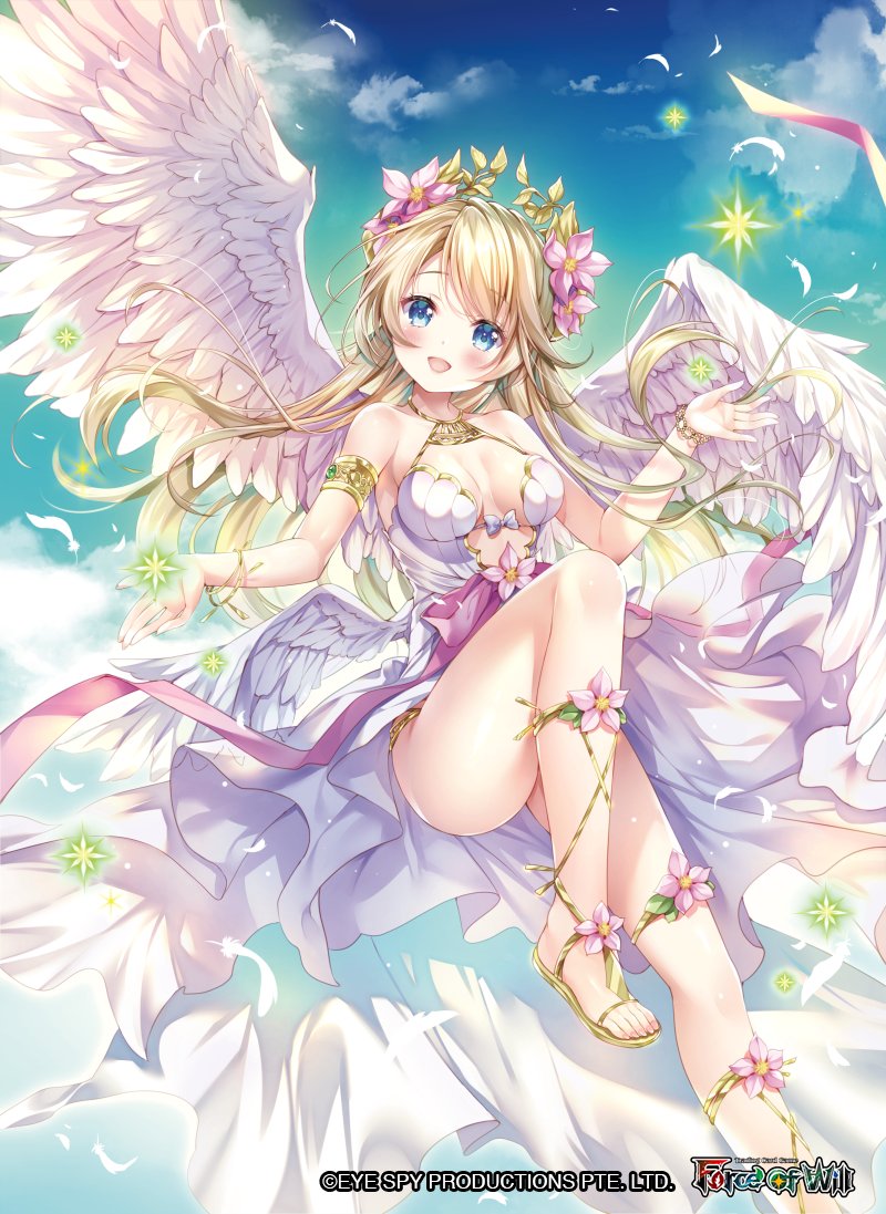 1girl angel angel_wings ankle_lace-up armlet bare_shoulders blonde_hair blue_eyes blush bracelet breasts copyright_name cross-laced_footwear dress feathered_wings feathers floating_hair flower force_of_will head_wreath jewelry long_hair looking_at_viewer medium_breasts open_mouth ribbon sakura_moyon sandals sky solo white_dress white_wings wings