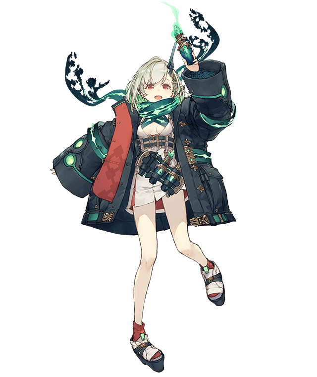 1girl :d breasts full_body green_eyes horns jacket ji_no little_match_girl_(sinoalice) looking_at_viewer molotov_cocktail official_art open_mouth oversized_clothes platform_footwear red_eyes scarf single_horn sinoalice sleeves_past_wrists small_breasts smile solo transparent_background upper_teeth