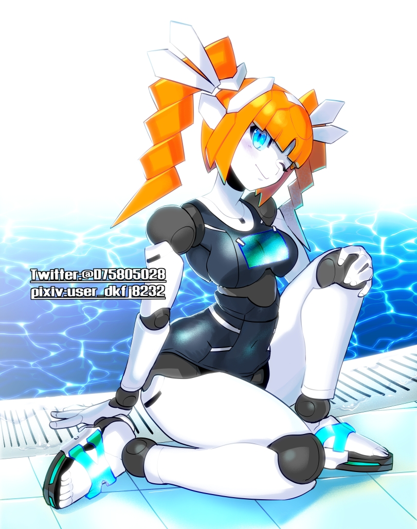 1girl bangs barefoot_sandals blonde_hair blue_eyes hand_on_ground humanoid_robot looking_at_viewer looking_to_the_side mel_karon metal_skin mucha_gorou one_eye_closed pool robot_neoanthropinae_polynian school_swimsuit solo swimsuit twintails
