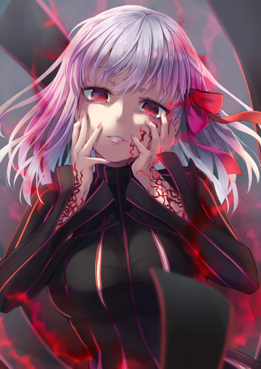 1girl black_dress body_markings bow breasts commentary_request dark_persona dark_sakura dress fate/stay_night fate_(series) funyariko gradient_hair grey_hair hair_bow hands_on_own_face hands_up head_tilt heaven's_feel highres long_hair long_sleeves looking_at_viewer matou_sakura medium_breasts multicolored_hair nail_polish parted_lips pink_nails purple_hair red_bow red_eyes sleeves_past_wrists solo upper_body wide_sleeves