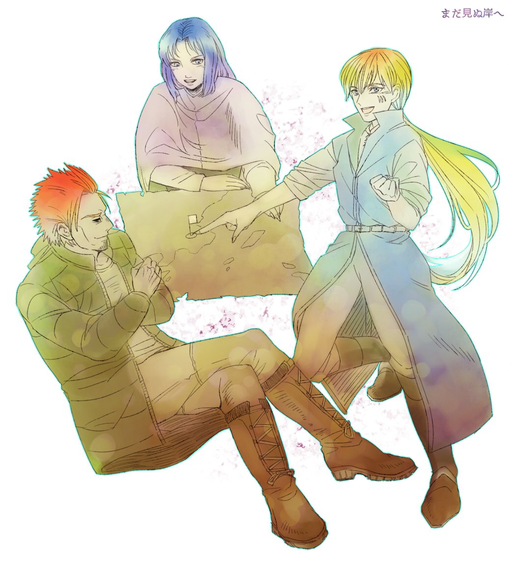 3boys blonde_hair blue_hair boots cape closed_eyes crossed_arms cyrus_(the_saga_of_darren_shan) facial_scar glalda kurda_smahlt long_hair long_ponytail male_focus map_(object) multiple_boys ponytail purple_skin redhead scar short_hair sitting smile the_saga_of_darren_shan vest