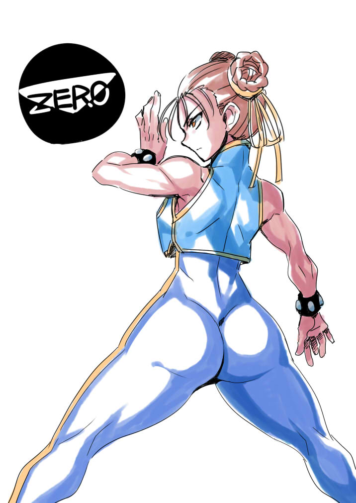 1girl ass bracelet breasts brown_eyes brown_hair chun-li closed_mouth double_bun jewelry short_hair simple_background solo spandex street_fighter street_fighter_zero_(series) tukiwani white_background