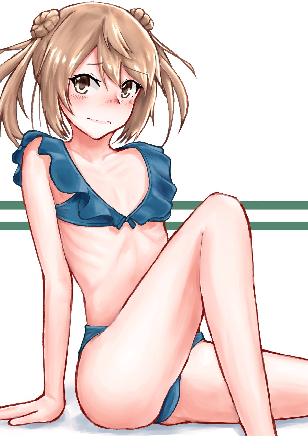 1girl bikini commentary_request double_bun feet_out_of_frame flat_chest frilled_bikini frills green_bikini highres kantai_collection light_brown_hair looking_at_viewer michishio_(kantai_collection) owada_(kousonhuchi) short_twintails sitting solo swimsuit twintails two-tone_background white_background yellow_eyes
