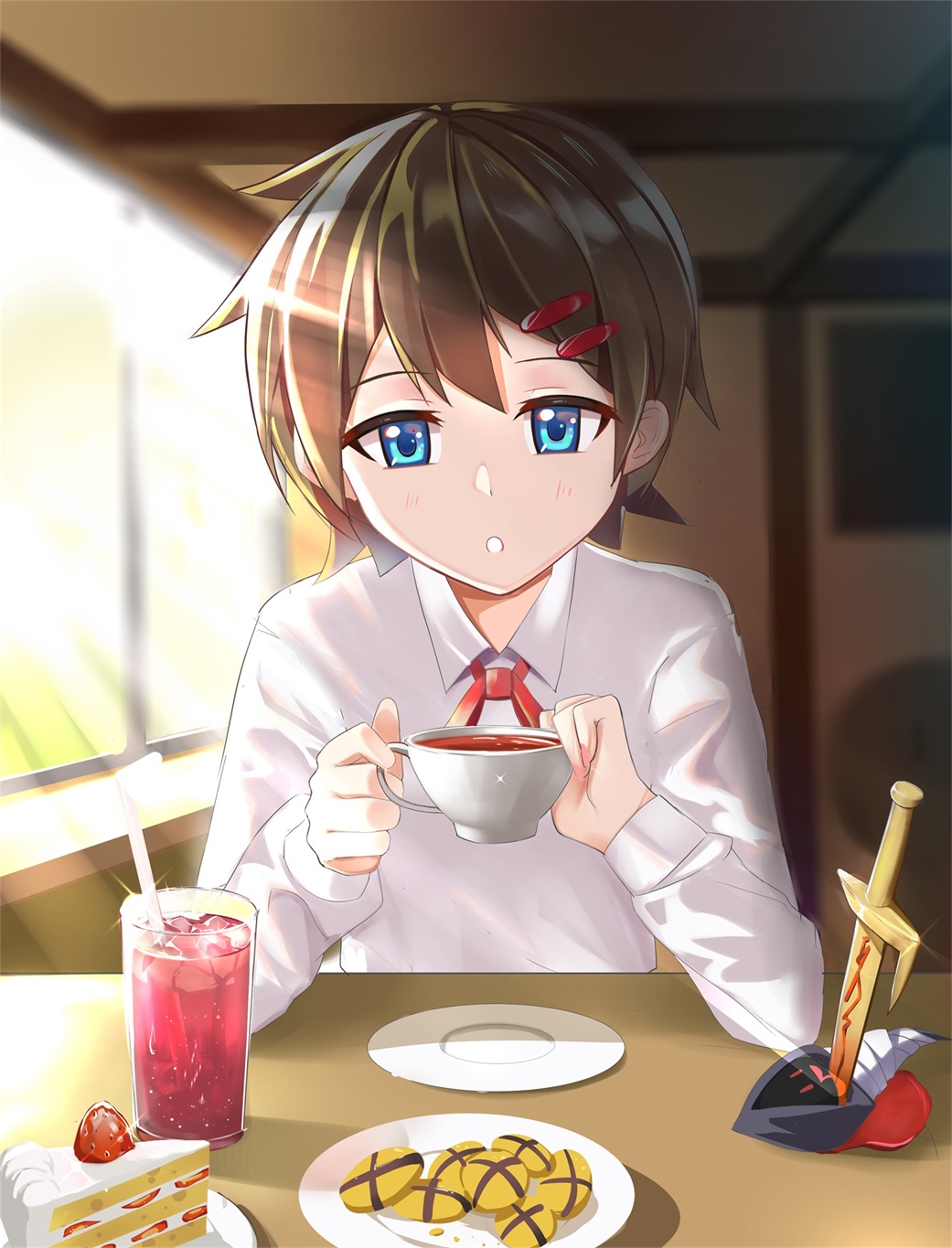 1girl bangs bleeding blood blue_eyes blurry blurry_background brown_hair cake cake_slice chinese_commentary cookie cup dagger day demonophobia depth_of_field dessert drink eyebrows_visible_through_hair fingernails food freedom_up fruit hair_ornament hairclip highres holding holding_cup indoors kunikai_sakuri light_rays long_sleeves looking_at_viewer nail_polish neck_ribbon open_mouth pastry pink_nails plate red_ribbon ribbon ritz saucer shirt short_hair strawberry strawberry_shortcake sunbeam sunlight table tea very_short_hair weapon white_shirt window