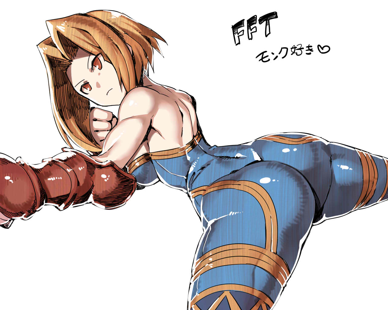1girl ass bare_shoulders blonde_hair breasts closed_mouth final_fantasy final_fantasy_tactics gauntlets gloves large_breasts monk_(fft) short_hair sideboob simple_background solo tukiwani unitard white_background