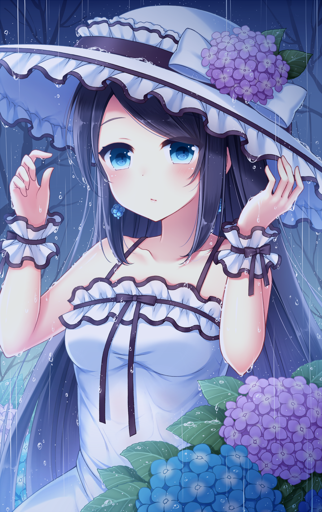 1girl bangs bare_shoulders bare_tree black_bow black_hair blue_eyes blue_flower blush bow breasts closed_mouth collarbone commentary_request dress earrings flower hands_up hat hat_bow hat_flower highres hydrangea jewelry long_hair looking_at_viewer original outdoors purple_flower rain sanotsuki sleeveless sleeveless_dress small_breasts solo sun_hat swept_bangs tree very_long_hair white_bow white_dress white_headwear wrist_cuffs
