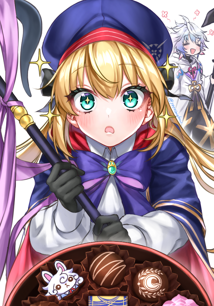 1boy 1girl artist_name artoria_pendragon_(all) artoria_pendragon_(caster) blonde_hair blush chocolate commentary_request elbow_gloves eyebrows_visible_through_hair fate/grand_order fate_(series) fou_(fate/grand_order) gloves green_eyes hair_between_eyes hat holding holding_staff long_hair looking_at_viewer merlin_(fate) open_mouth simple_background staff star-shaped_pupils star_(symbol) symbol-shaped_pupils twitter_username watermark white_background white_hair yayoi_maka