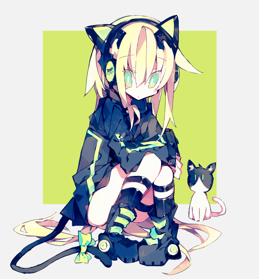 1girl absurdly_long_hair animal_ears arms_on_knees black_footwear blonde_hair bow cat cat_ear_headphones cat_tail commentary_request eyebrows_visible_through_hair fake_animal_ears girls_frontline green_eyes hair_between_eyes headphones knees_on_chest knees_up long_hair looking_down meto_(metrin) shoes sitting tail tail_bow tmp_(girls_frontline) two-tone_background very_long_hair