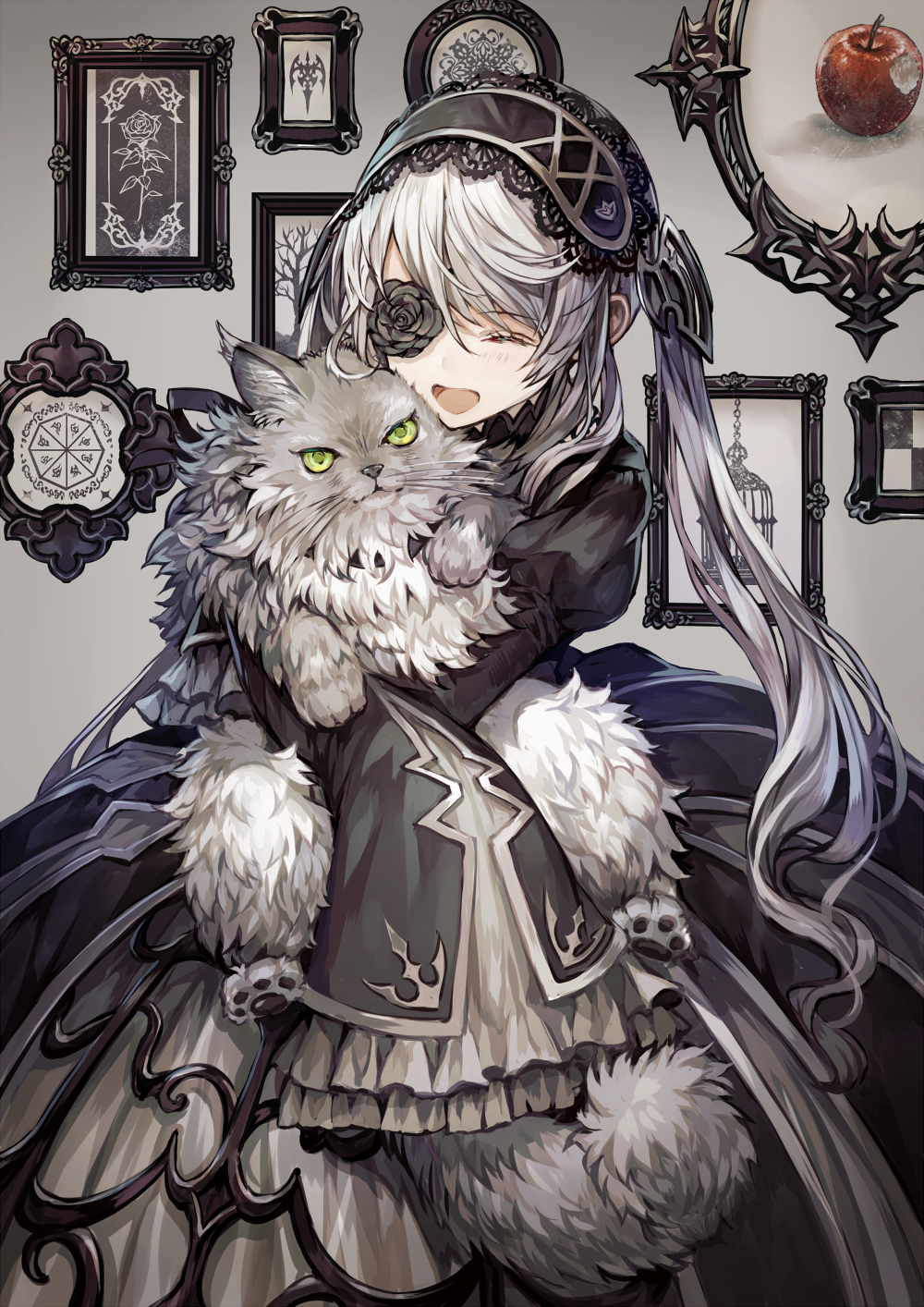 1girl apple black_flower black_rose cat closed_eyes commentary_request dress eyepatch flower food fruit grey_hair hairband highres long_hair open_mouth original rose senano-yu solo twintails
